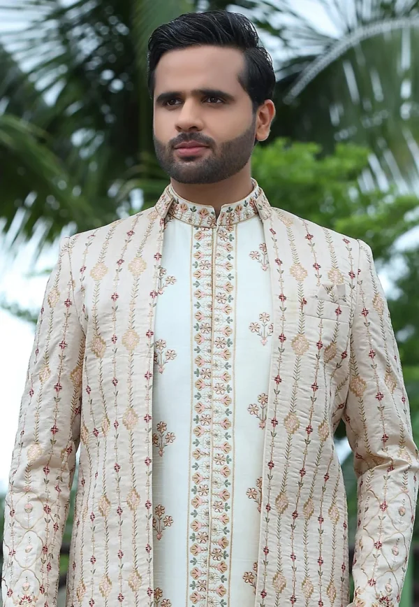 Woven Art Silk Jacket Style Sherwani in Off White - Image 2