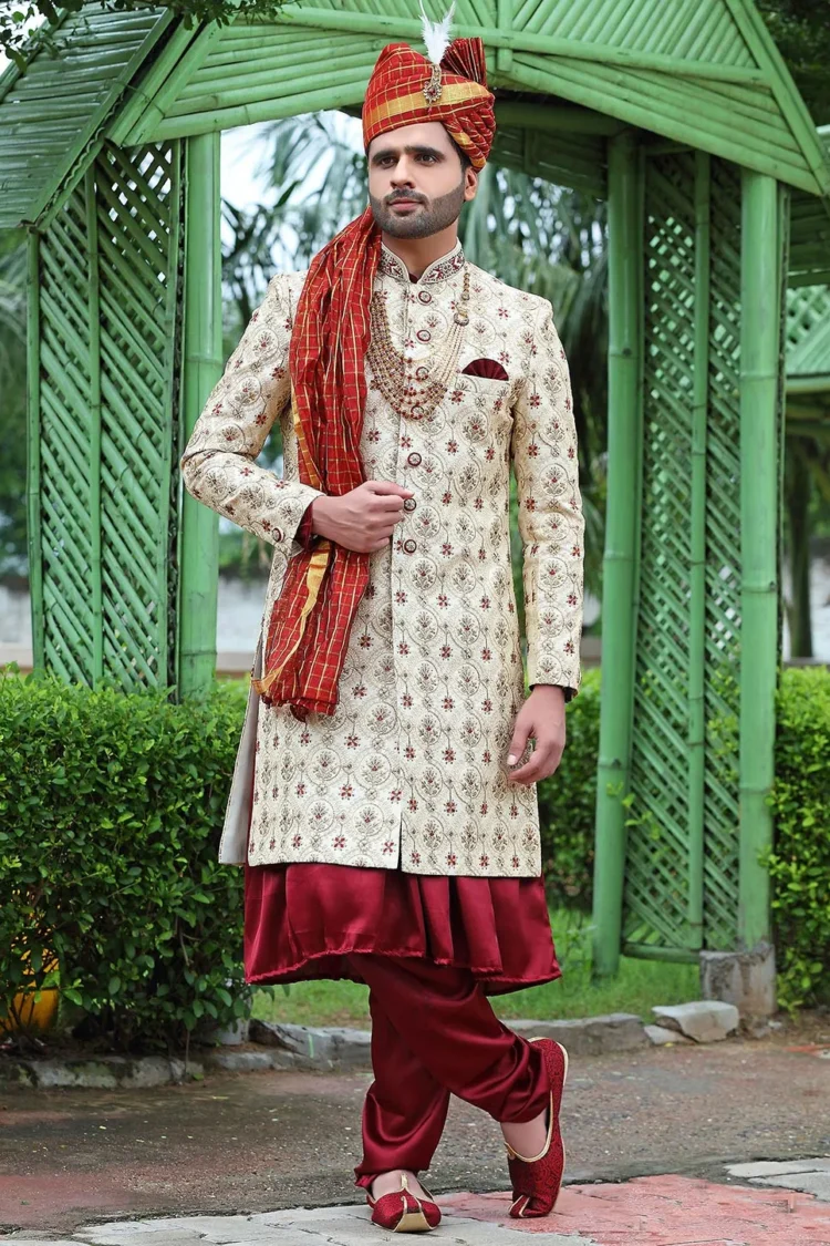 Woven Art Silk Sherwani in Cream