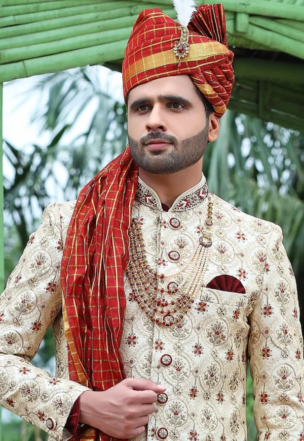 Woven Art Silk Sherwani in Cream - Image 2