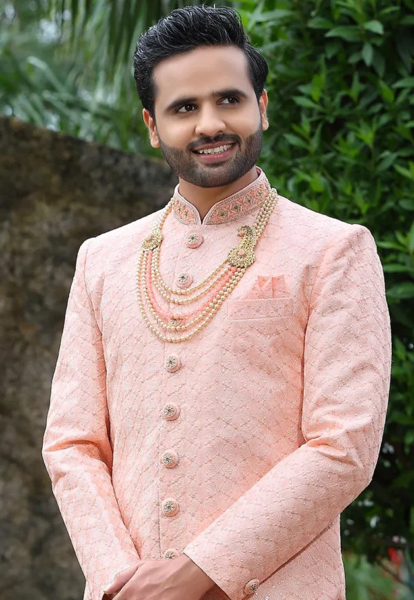 Woven Art Silk Sherwani in Light Peach - Image 2