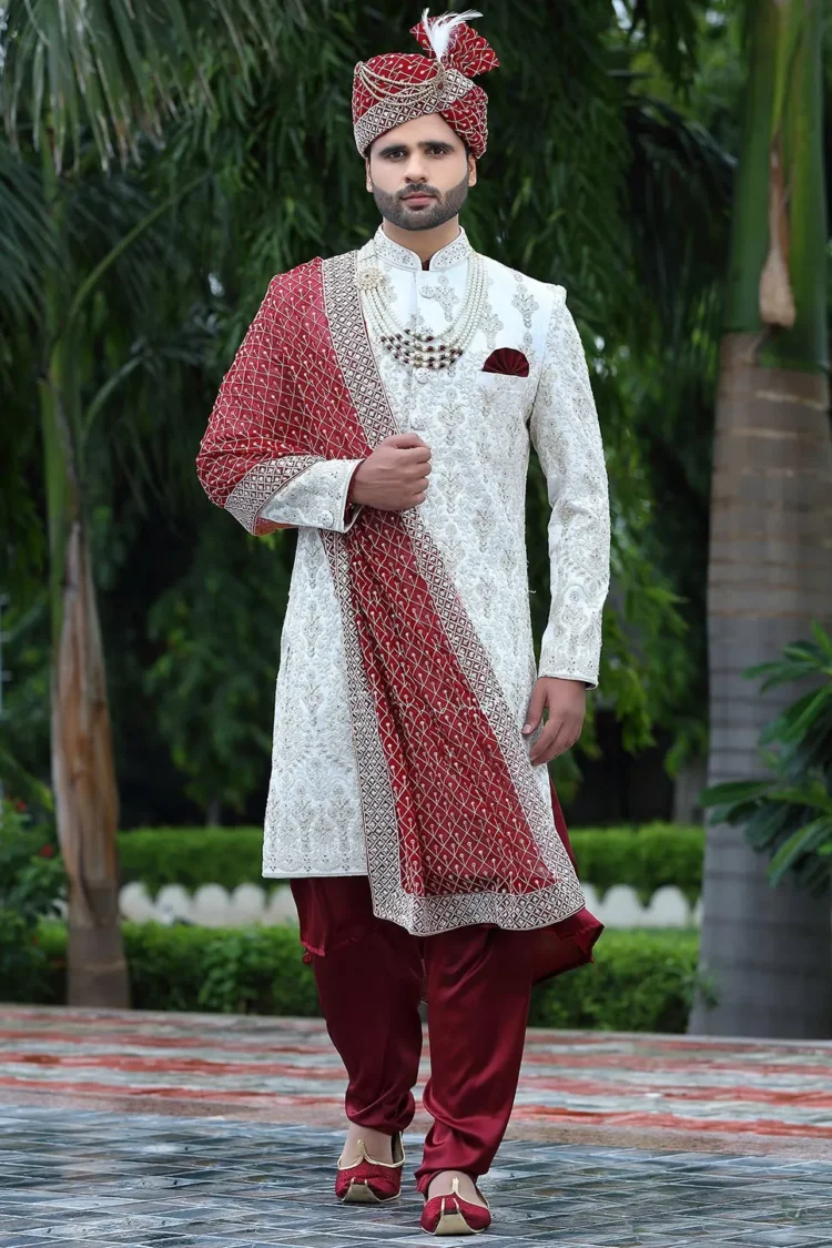 Woven Art Silk Sherwani in Off White