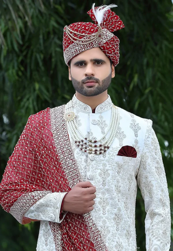 Woven Art Silk Sherwani in Off White - Image 2