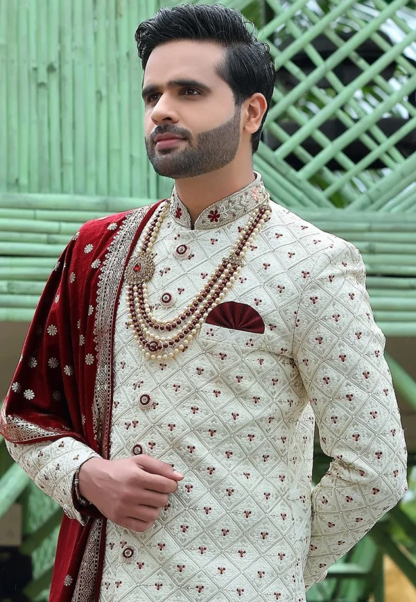 Woven Art Silk Sherwani in Off White - Image 2