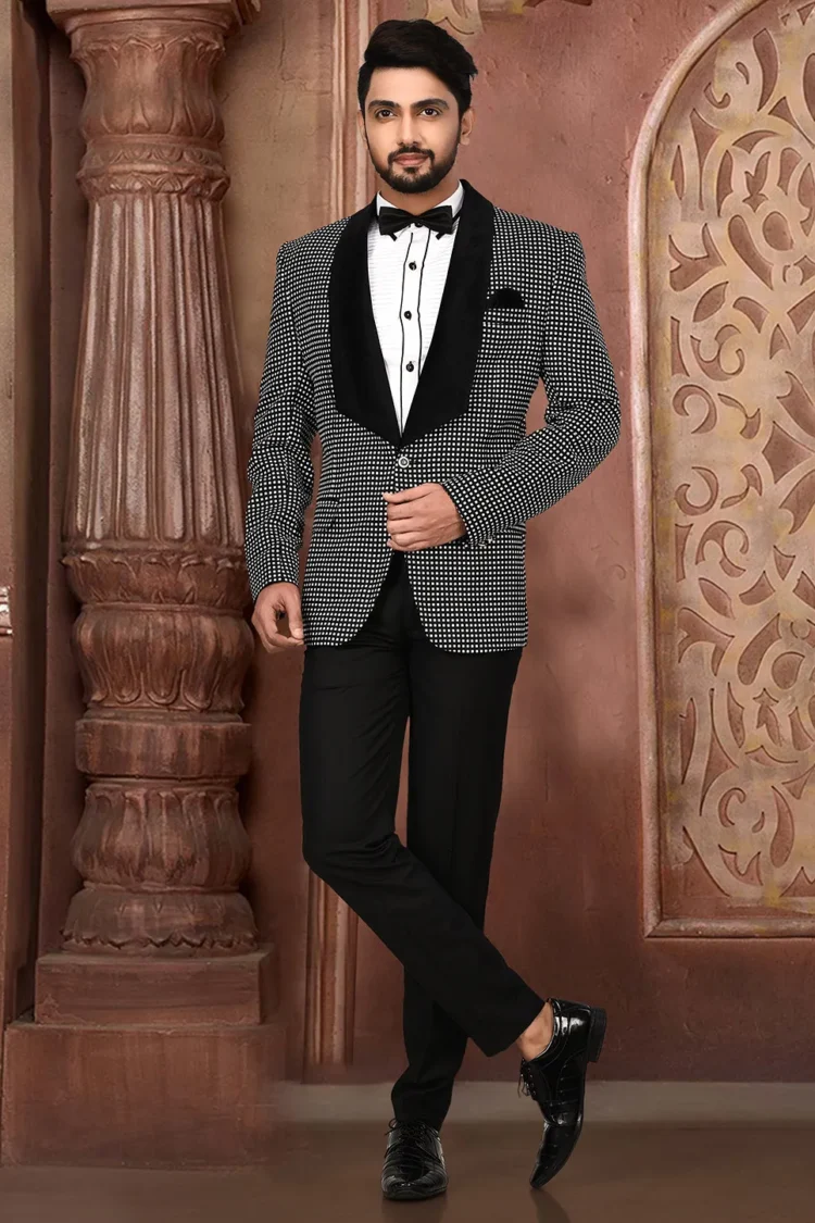 Woven Art Silk Tuxedo in Black and White