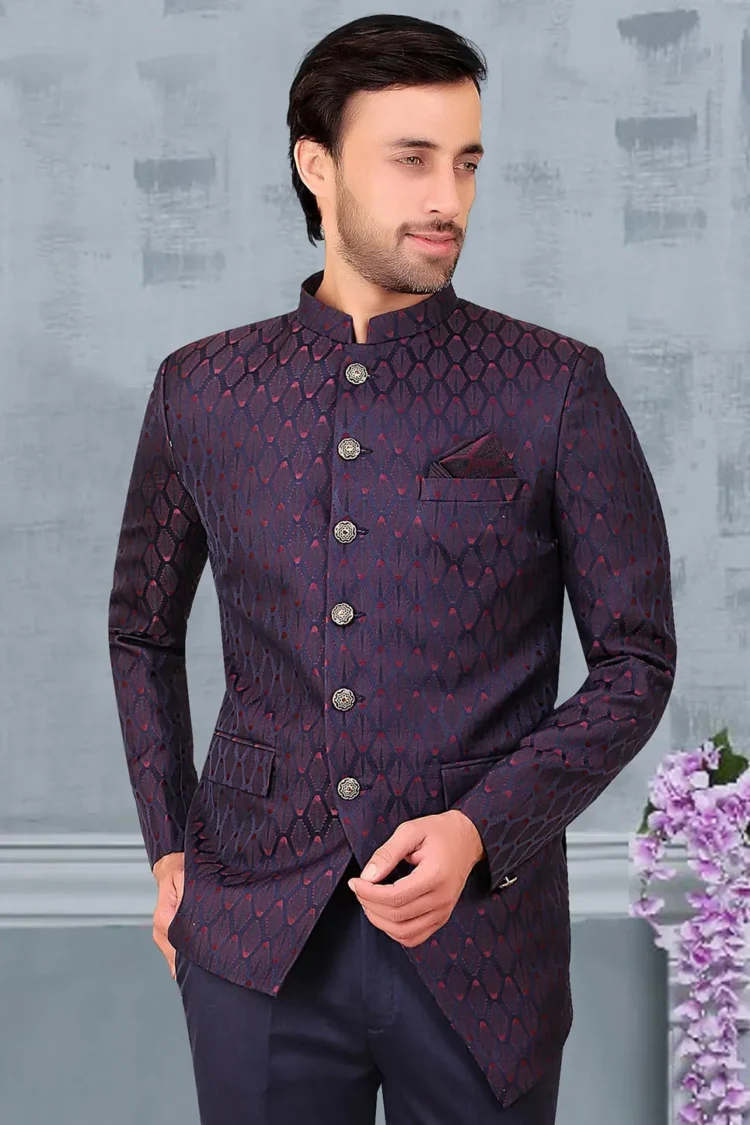 Woven Terry Rayon Jacquard Jodhpuri Jacket in Navy Blue