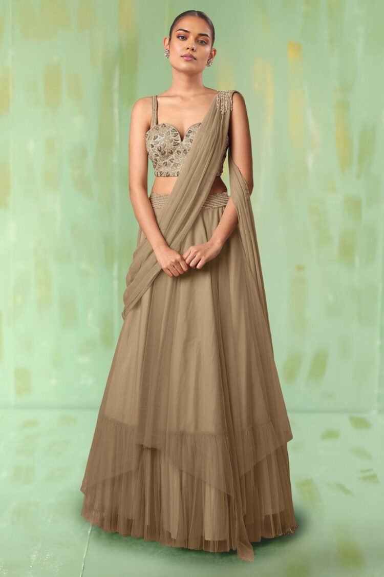 Beige Lehenga Set With Hand Embroidered Blouse